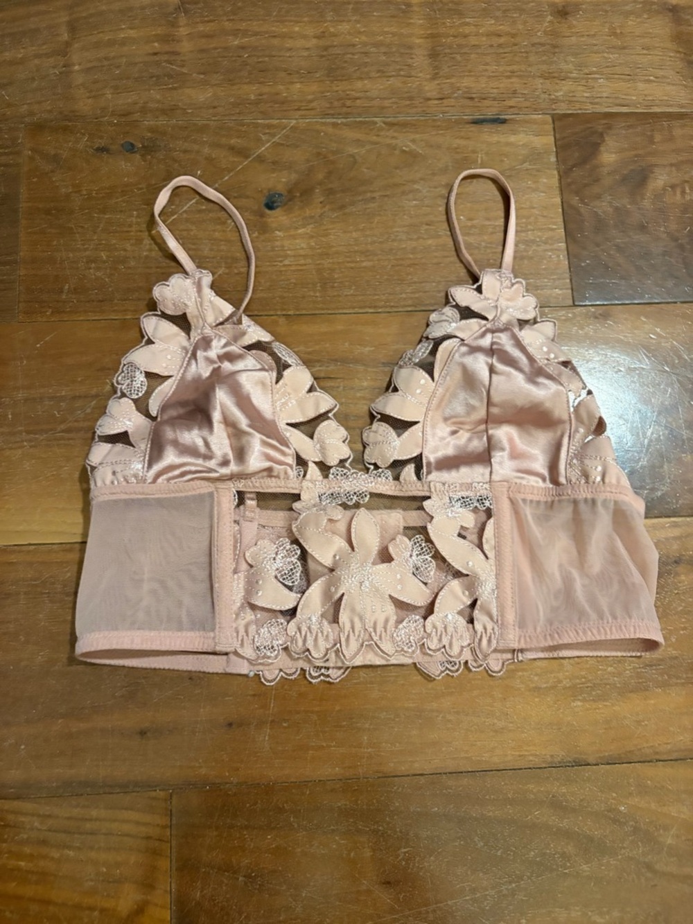 Victoria's Secret Satin & Floral Lace Longline Bralette in Blush Pink